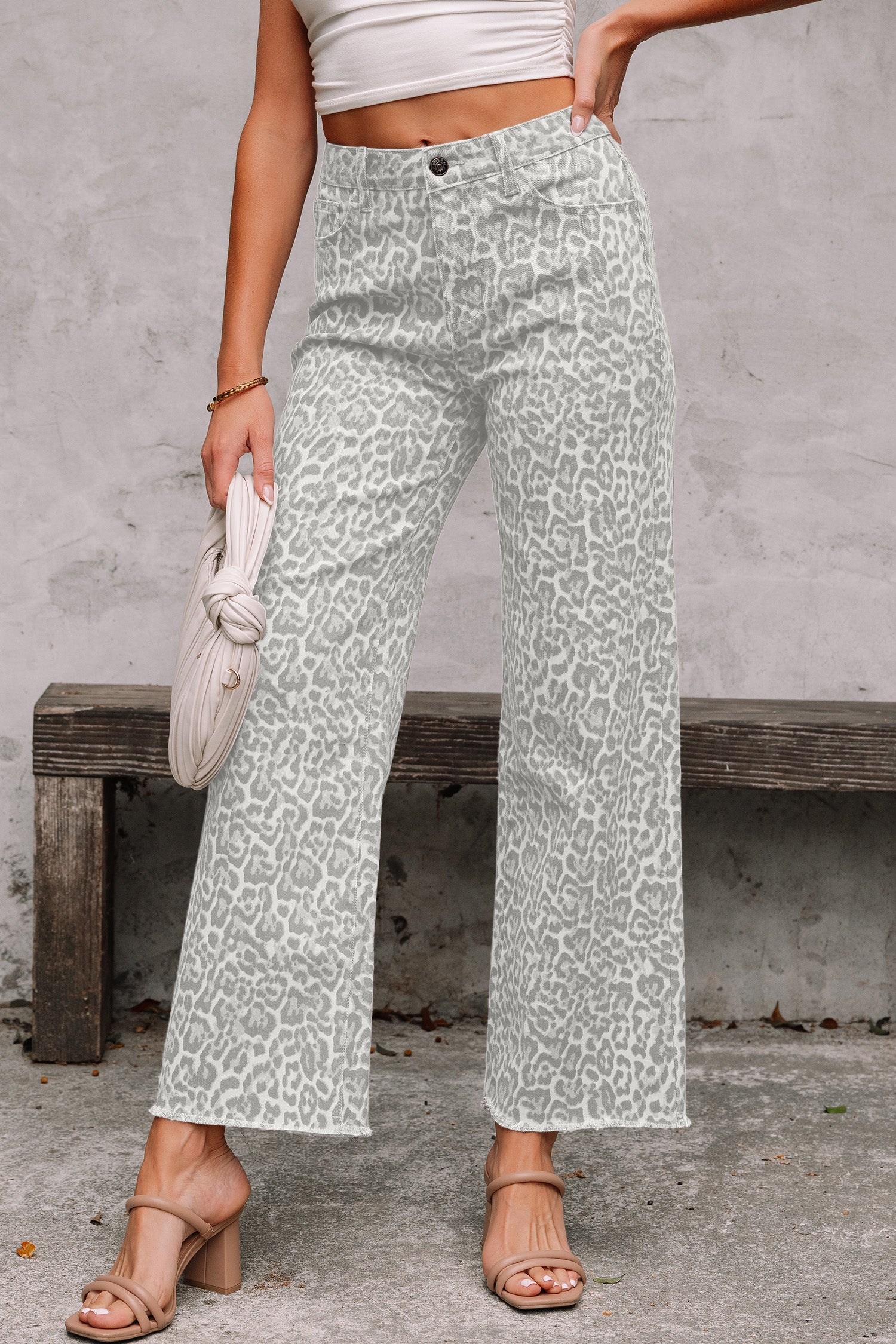 Cali Chic Women Pant Gray Leopard Frayed Edge Wide Leg High Waist Jeans - Cali Chic