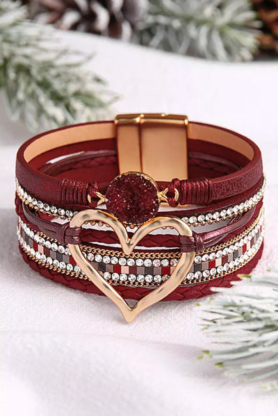 Fiery Red Valentine Rhinestone Heart Layered Bracelet
