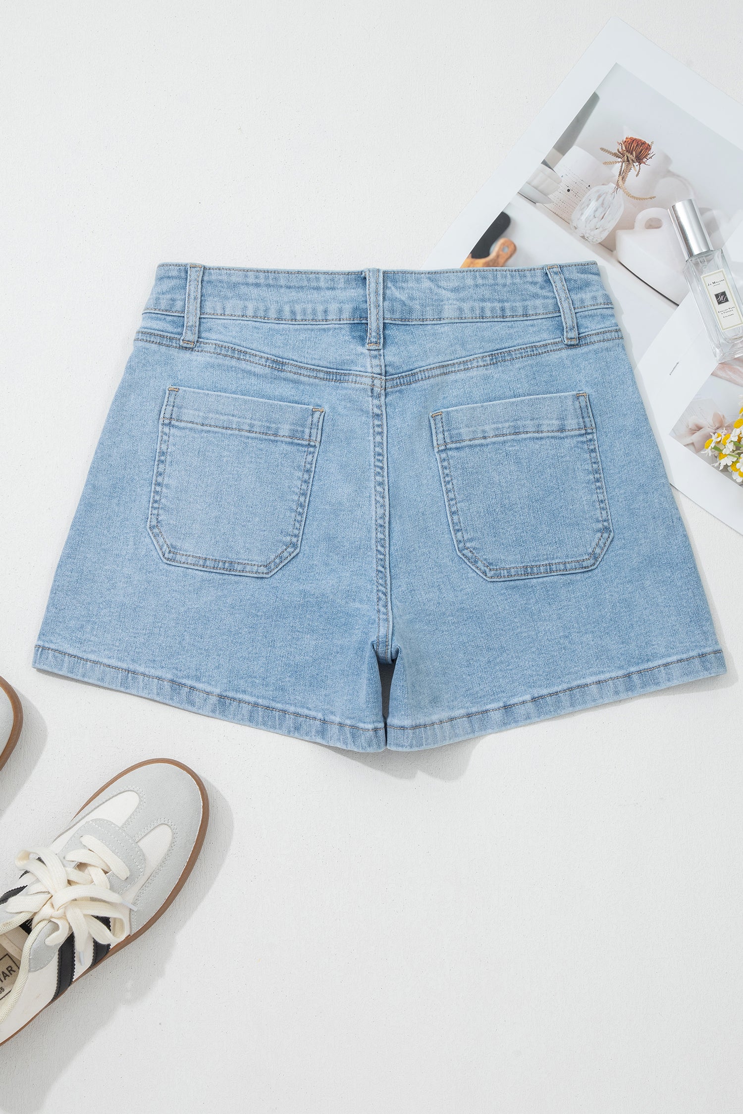 Cali Chic Women Shorts Myosotis High Rise Patch Pocket Denim Shorts - Cali Chic