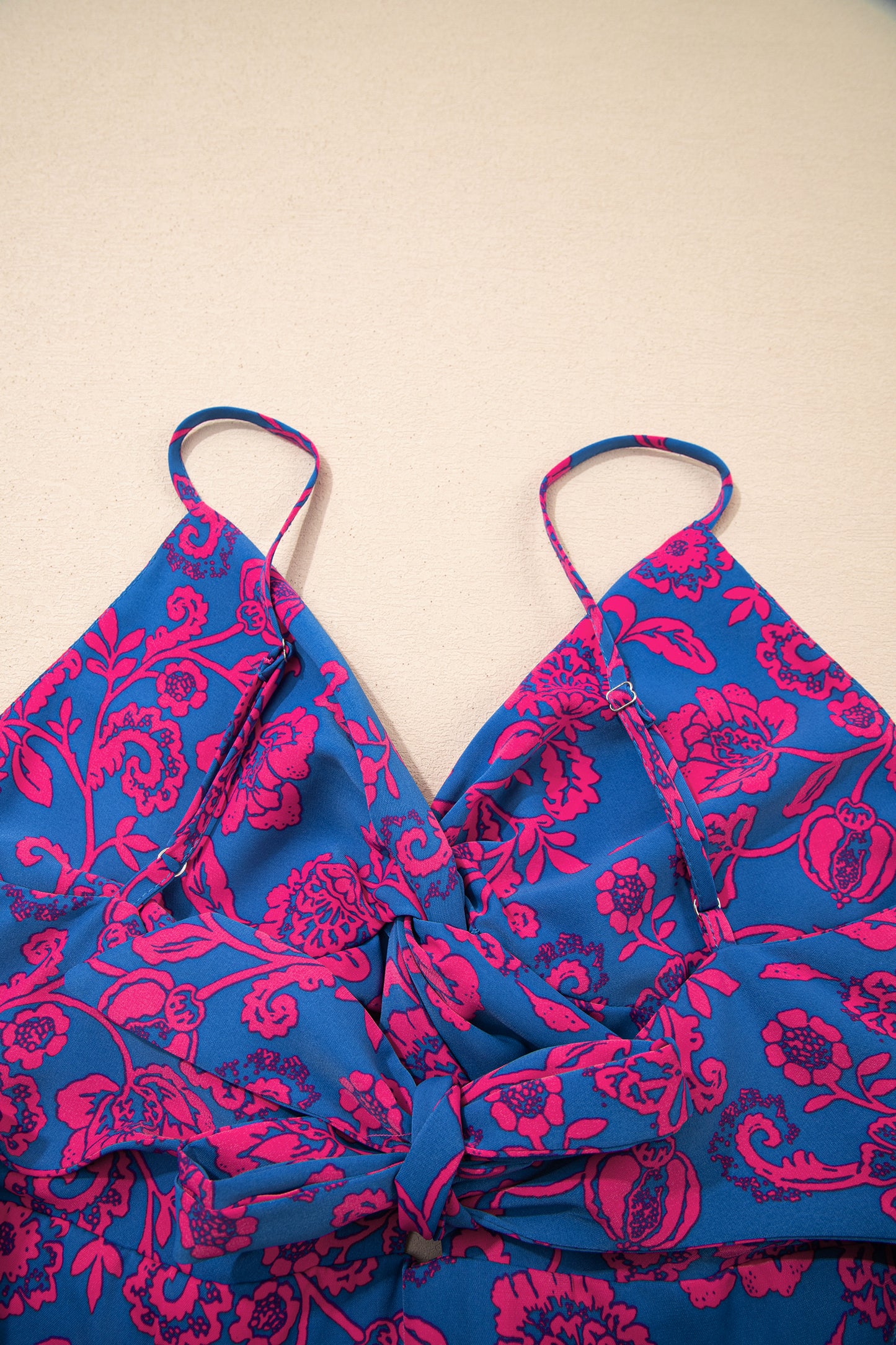 Cali Chic Women Dress Blue Floral Print Twisted V Neck Tied Backless Maxi Dress