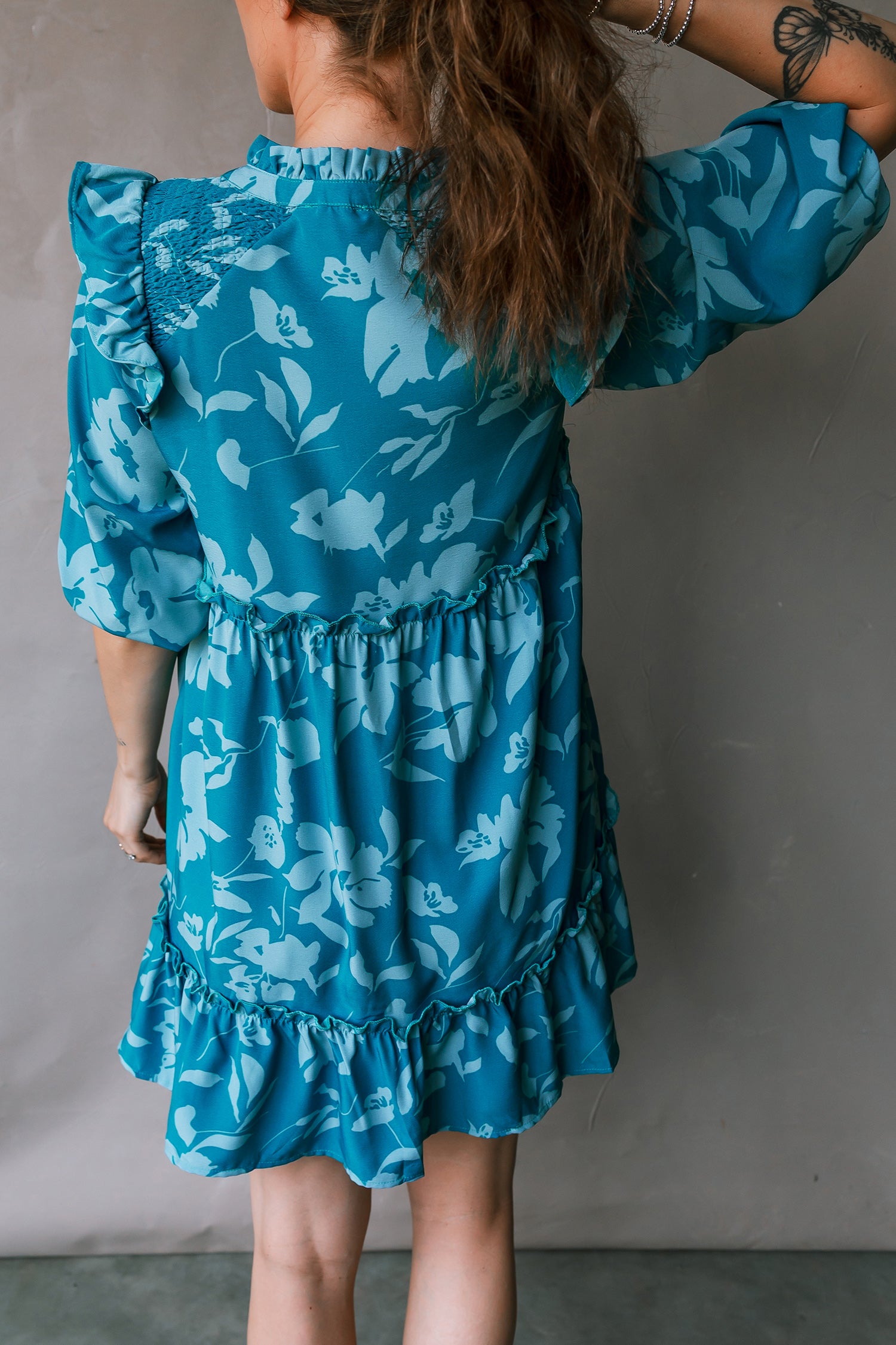 Cali Chic Women Dress Blue Flower Half Sleeve Tiered Ruffled Mini Dress - Cali Chic