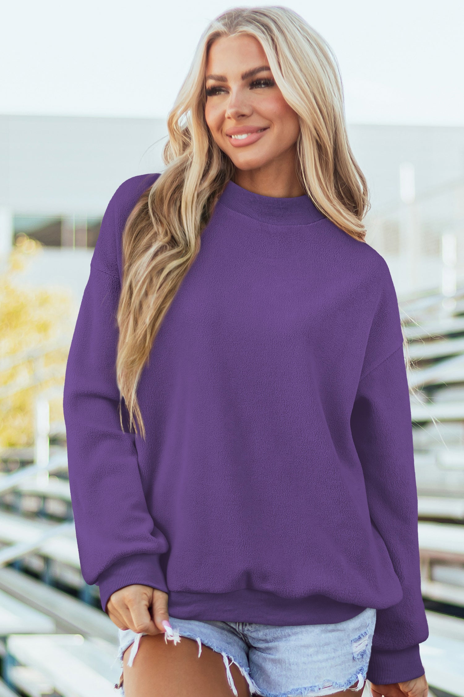 Cali Chic Women Sweatshirt Tillandsia Purple Oversize Drop Shoulder Reversible Mock Neck Sweatshirt - Cali Chic