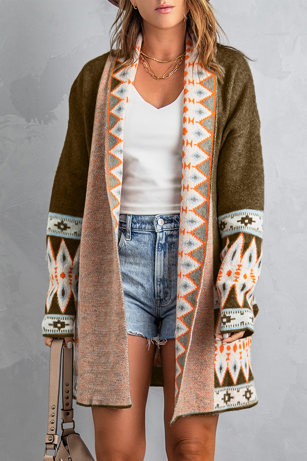Brown Aztec Print Open Front Knitted Cardigan - Cali Chic