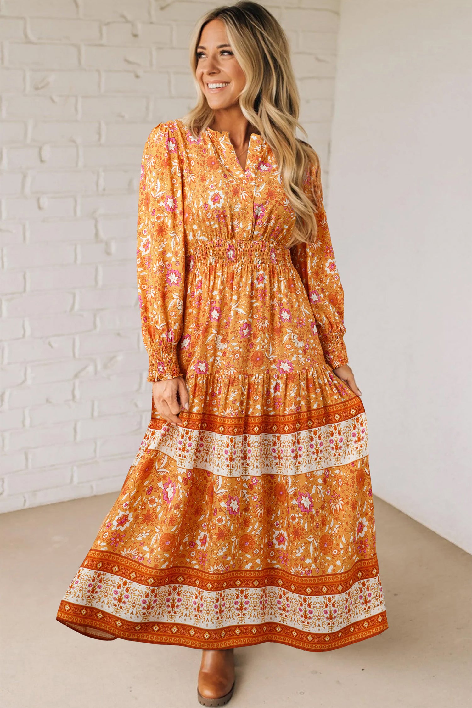 Cali Chic Women Dress Orange Floral Print Smocked Waist Long Sleeve Boho Maxi Dress - Cali Chic