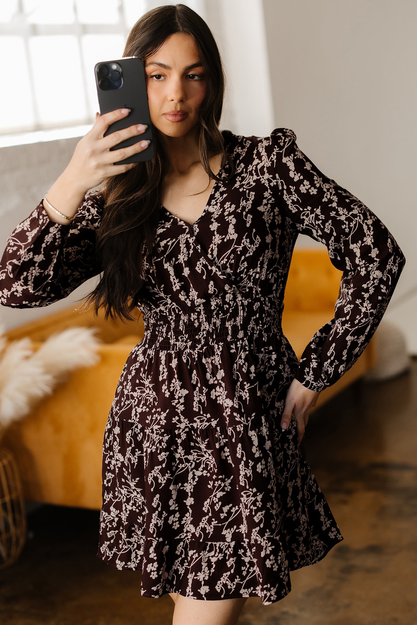 Cali Chic Women Dress Brown Ditsy Floral Print Split Neck Long Sleeve Shirred Waist Flared Mini Dress - Cali Chic