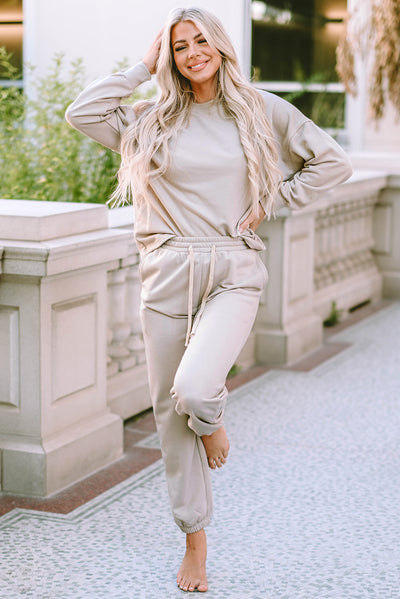 Cali Chic Beige Long Sleeve Top and Drawstring Pants Lounge Outfit