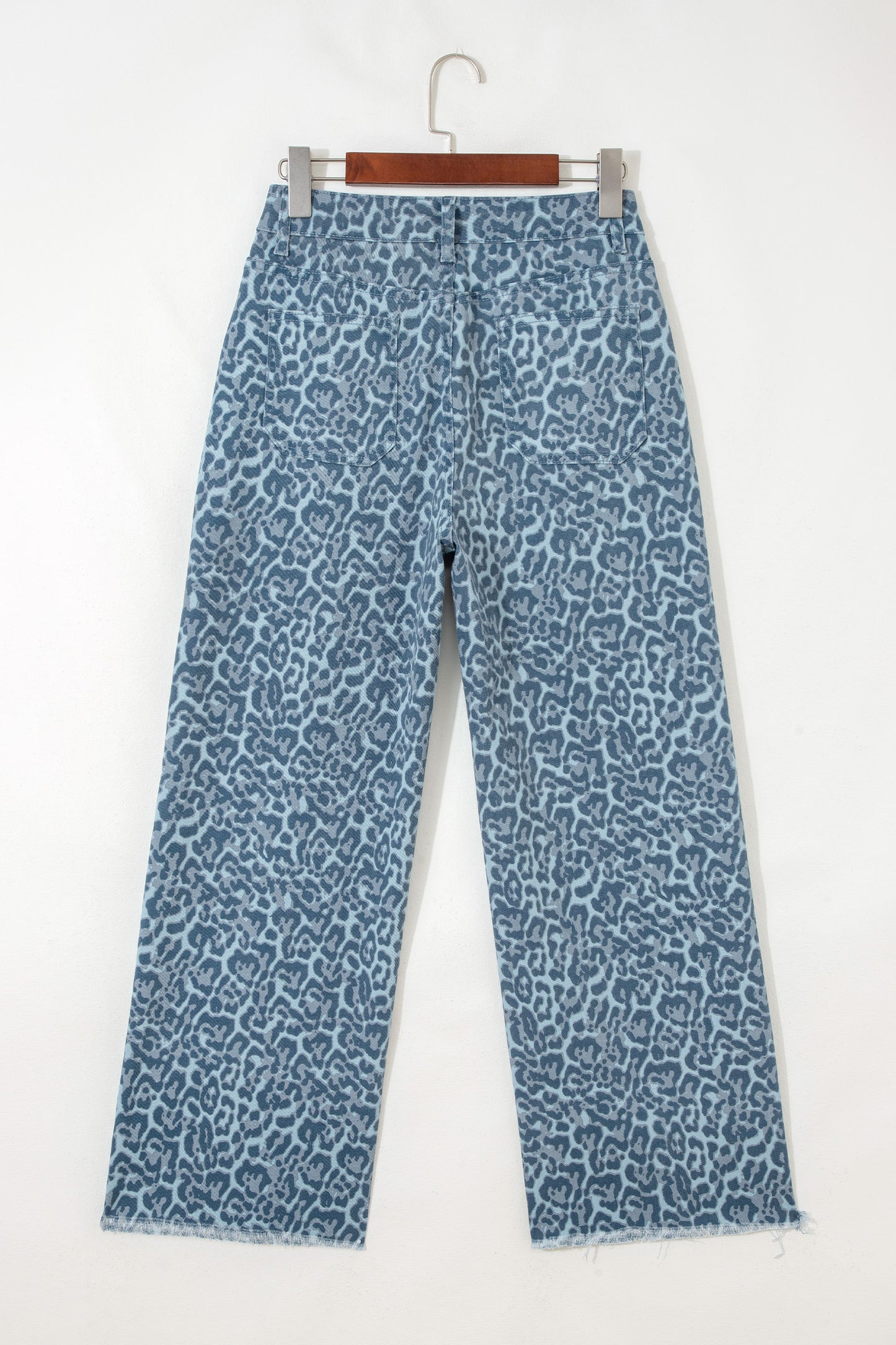 Cali Chic Women Pant Sky Blue Leopard Frayed Edge Wide Leg High Waist Jeans - Cali Chic