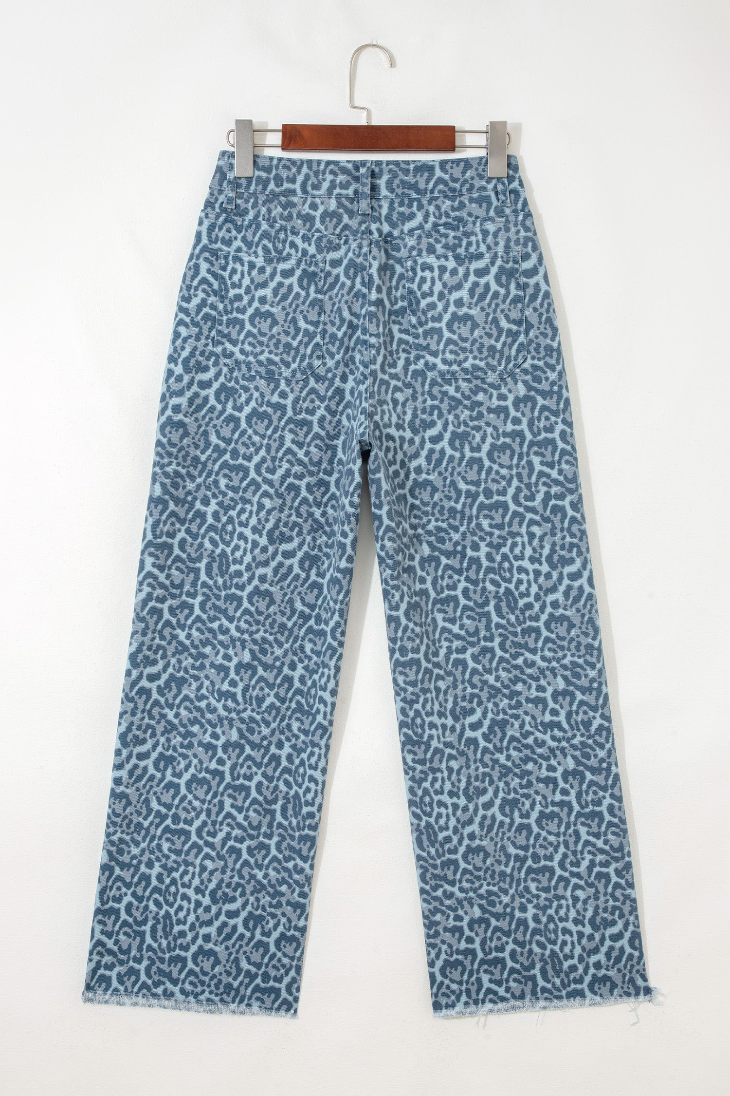 Cali Chic Women Pant Sky Blue Leopard Frayed Edge Wide Leg High Waist Jeans - Cali Chic