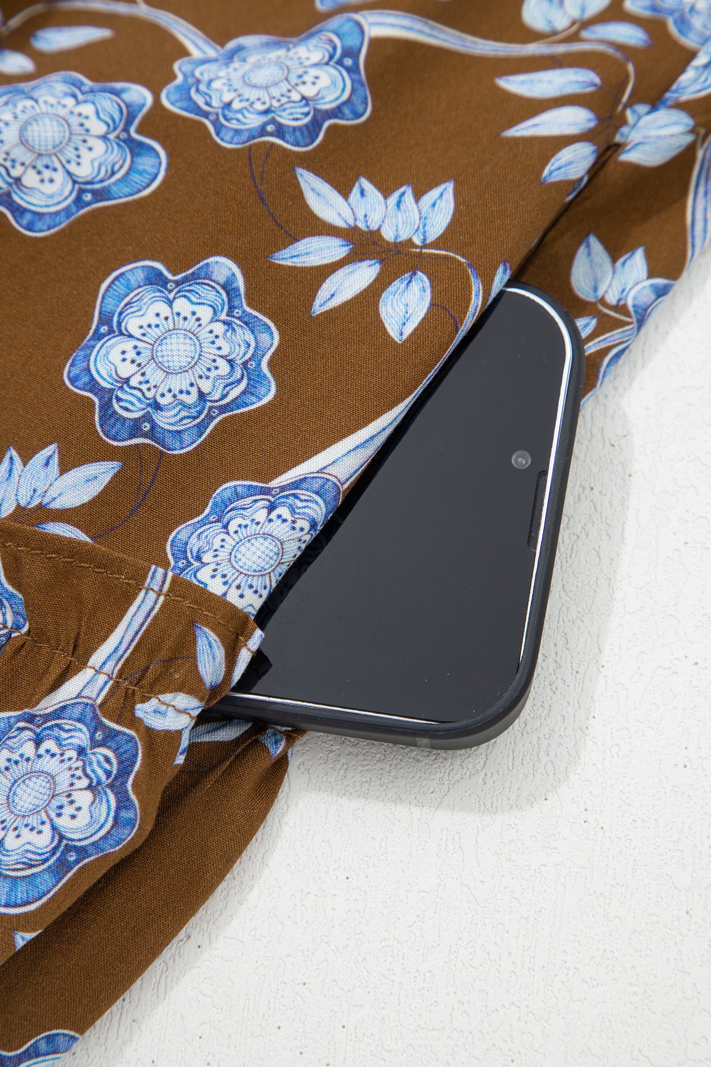 Cali Chic Women Dress Brown Floral Print Ruffled Detail Shirt Collar Button Down Long Sleeve Dress - Cali Chic