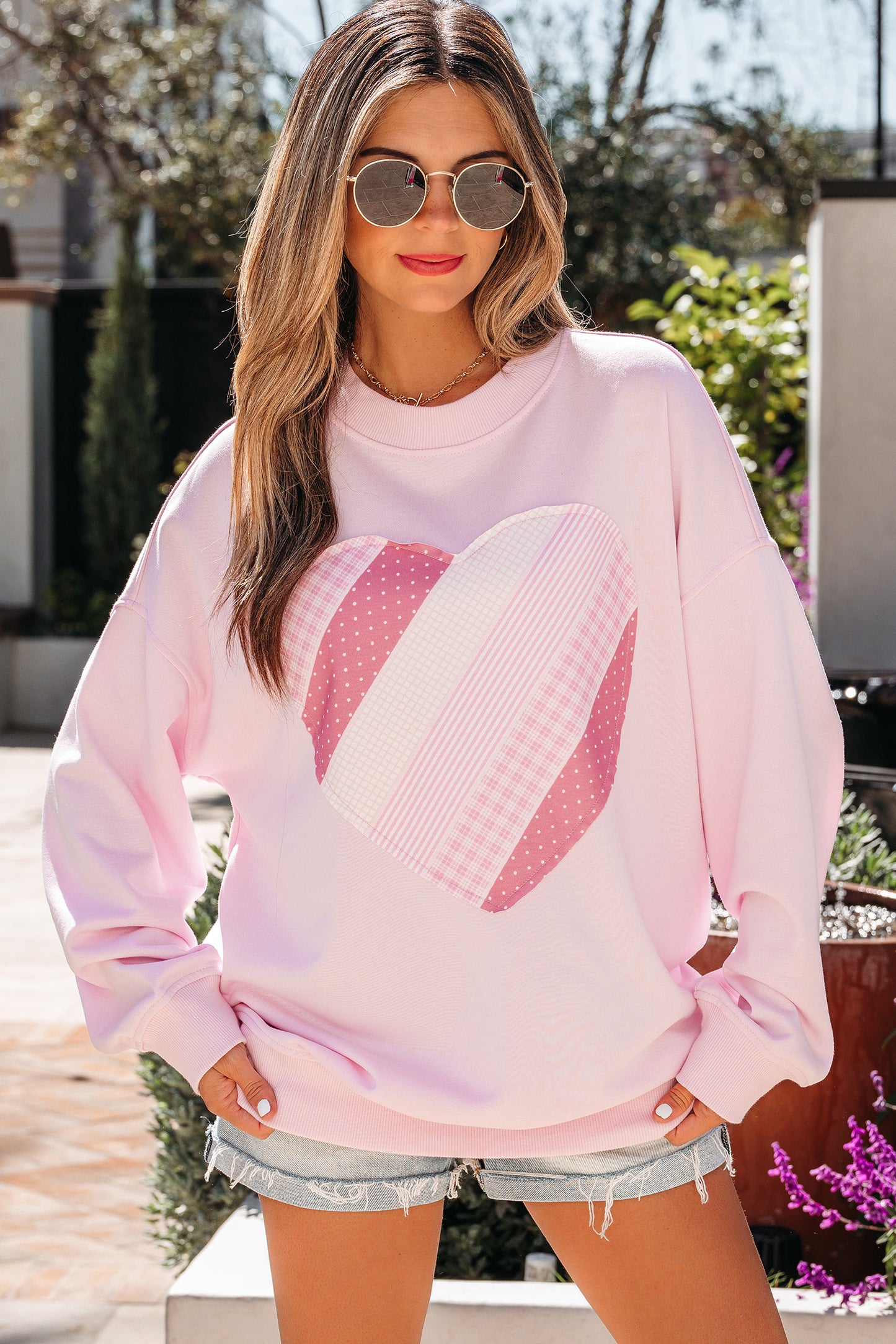 Light pink Dear-Lover Sweatshirt with sweetheart patch, oversized fit, casual women's sweatshirt for comfortable everyday wear.
