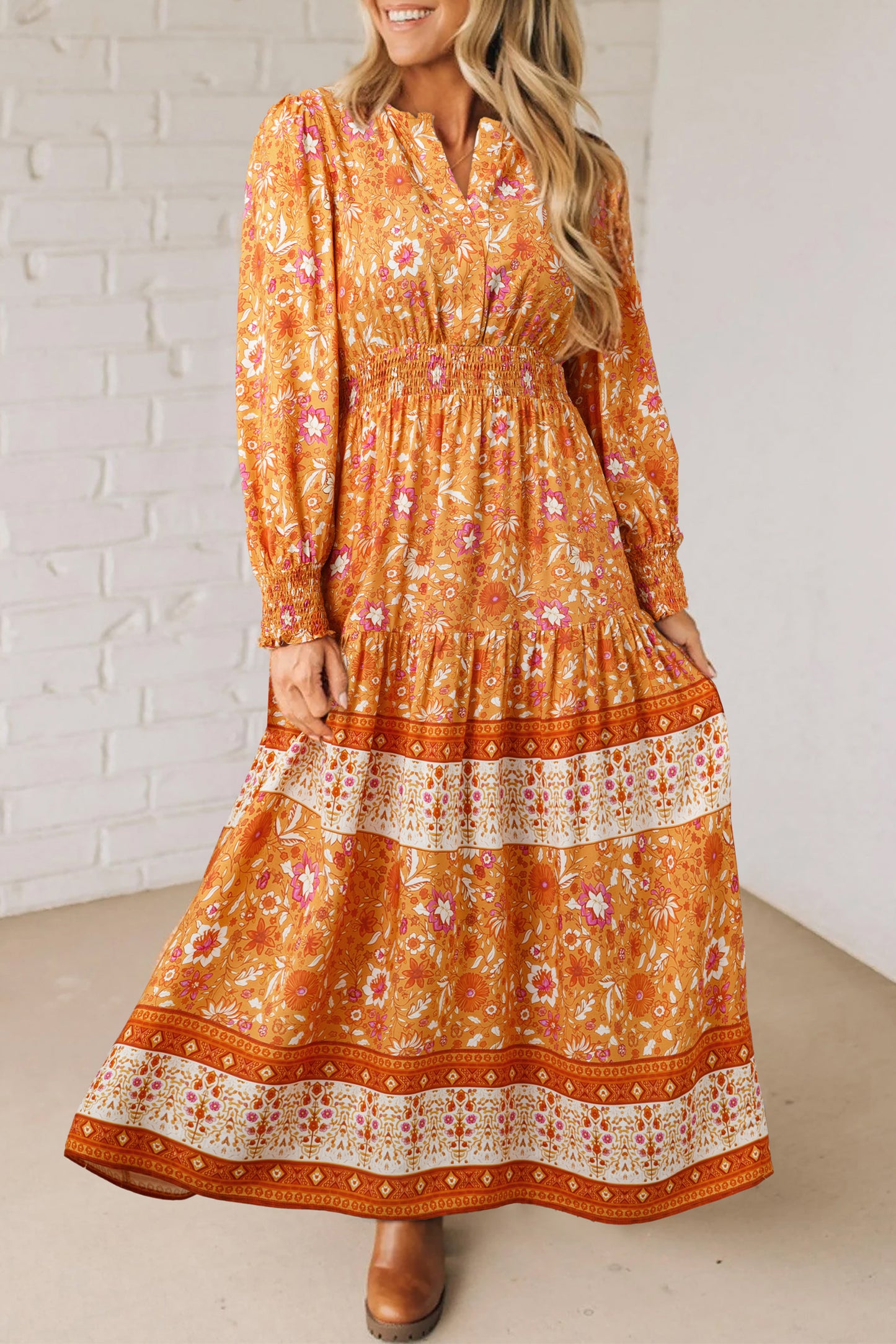Cali Chic Women Dress Orange Floral Print Smocked Waist Long Sleeve Boho Maxi Dress - Cali Chic