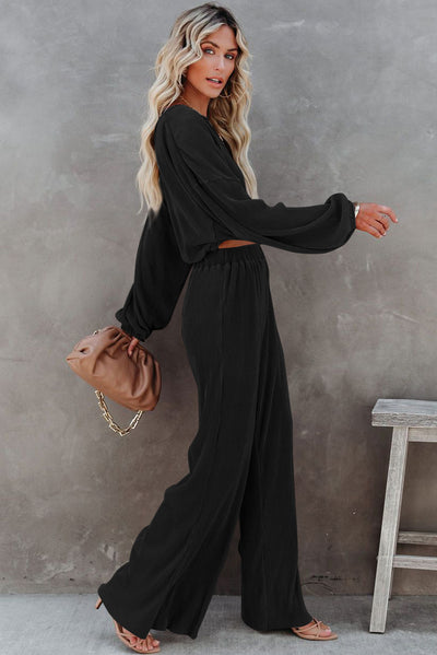 Cali Chic Black Corded Cropped Pullover and Wide Leg Pants Set