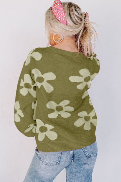 Cypress Big Flower Knit Ribbed Trim Sweater