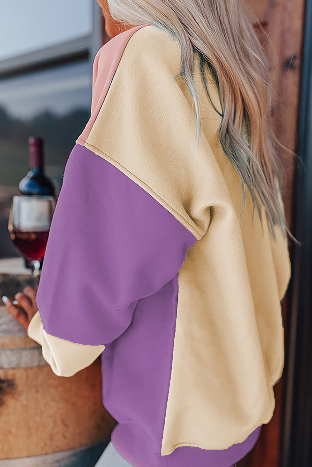 Cali Chic Women Sweatshirt Blossom Color Block Patchwork Drop Shoulder Pullover