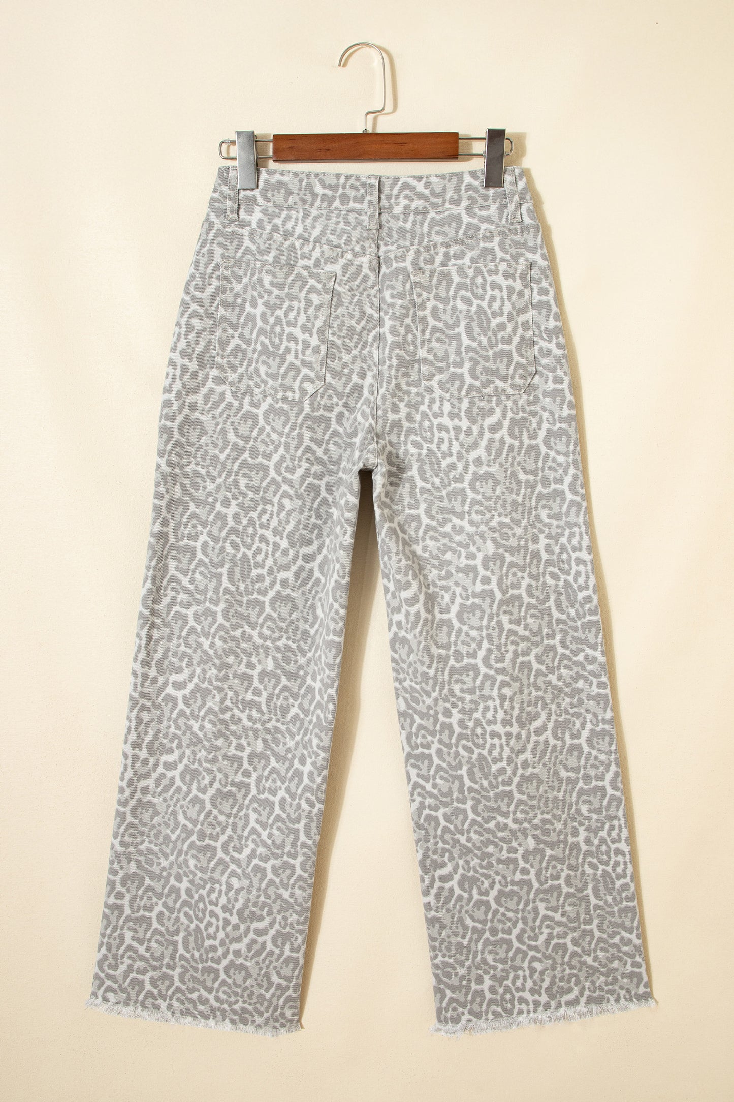 Cali Chic Women Pant Gray Leopard Frayed Edge Wide Leg High Waist Jeans - Cali Chic
