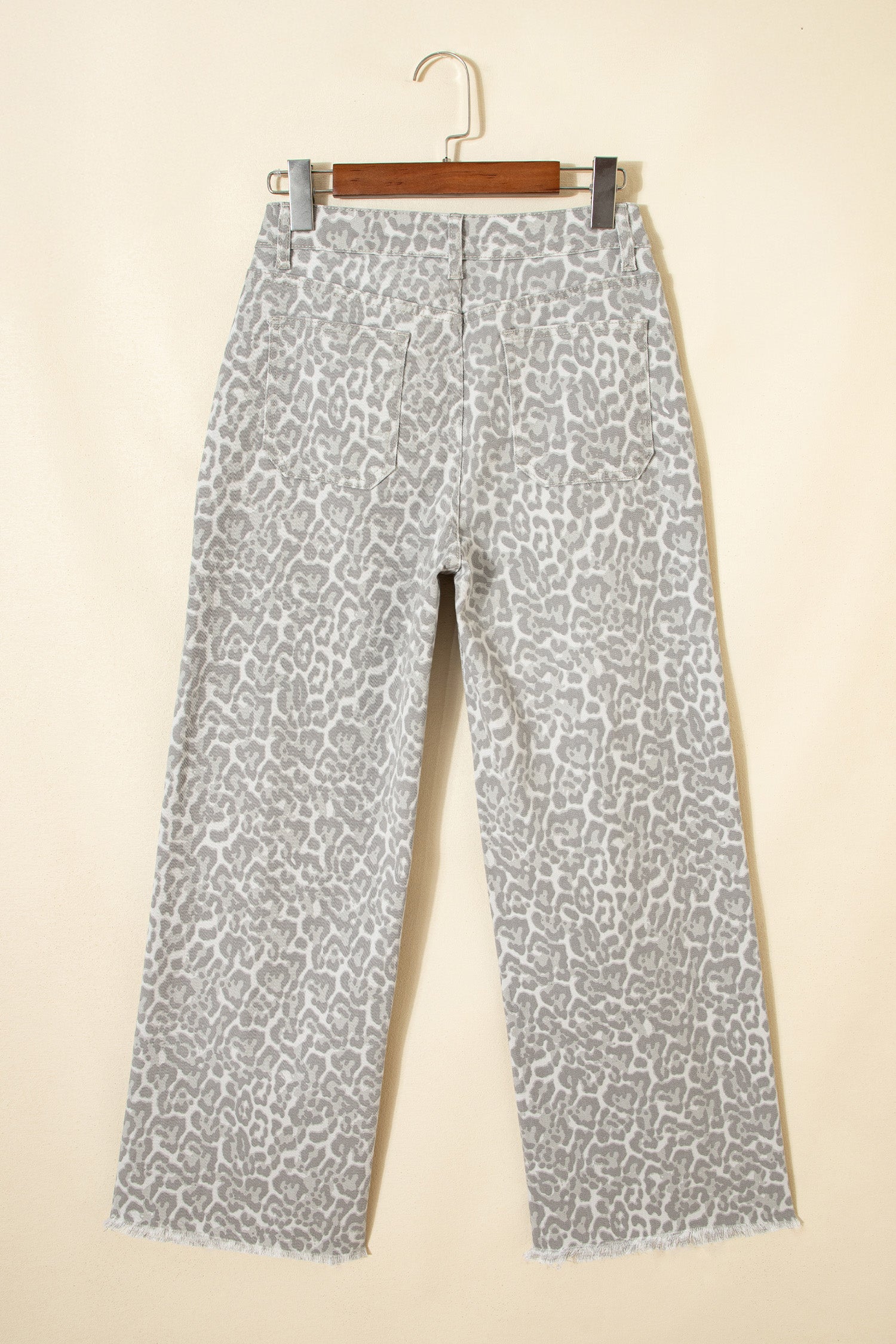 Cali Chic Women Pant Gray Leopard Frayed Edge Wide Leg High Waist Jeans - Cali Chic