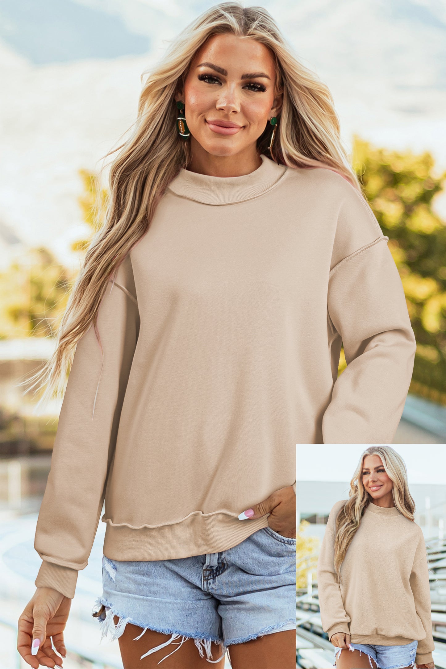 Cali Chic Women Sweatshirt Apricot Oversize Drop Shoulder Reversible Mock Neck Sweatshirt - Cali Chic