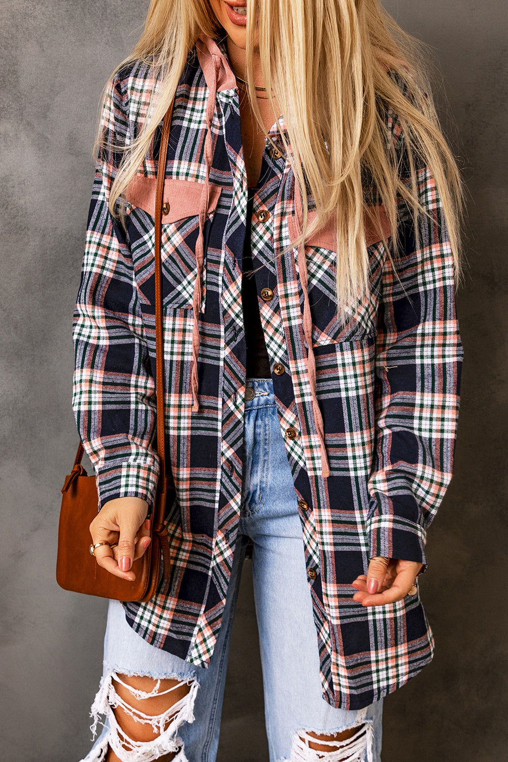 Cali Chic Pink Contrast Hooded Drawstring Plaid Shacket