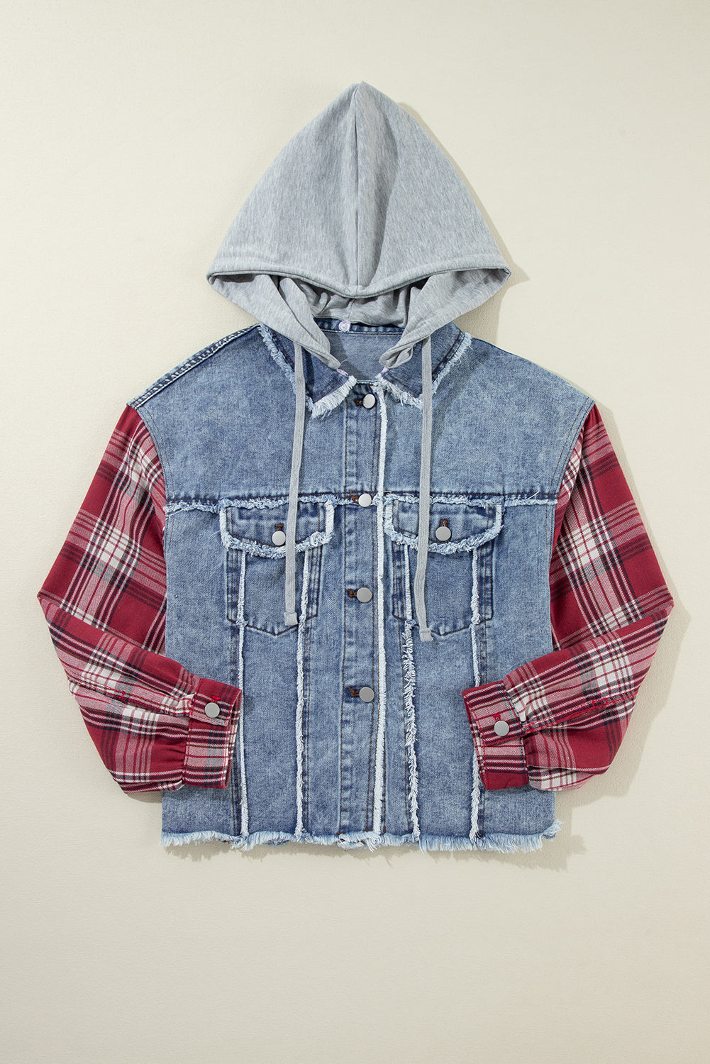 Cali Chic Women's Denim Jacket Beau Blue Plaid Print Patchwork Hooded Raw Hem Denim Coat