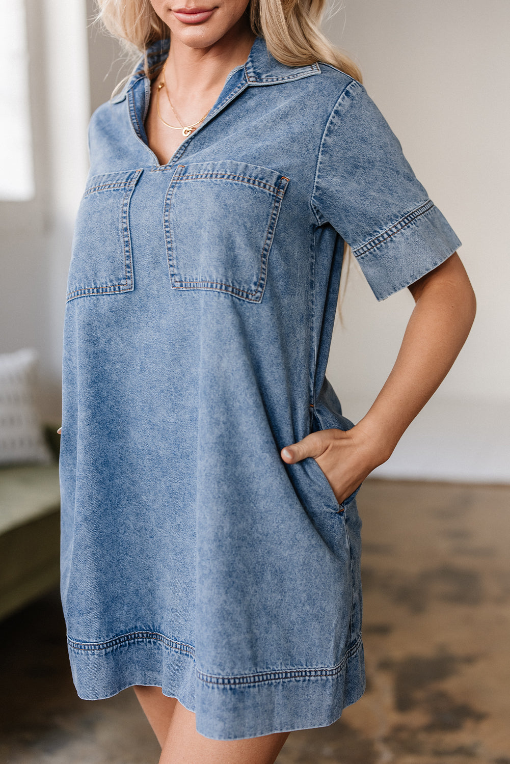 Cali Chic Women Dress Beau Blue Short Sleeve Collared Patched Pocket Denim Mini Dress - Cali Chic