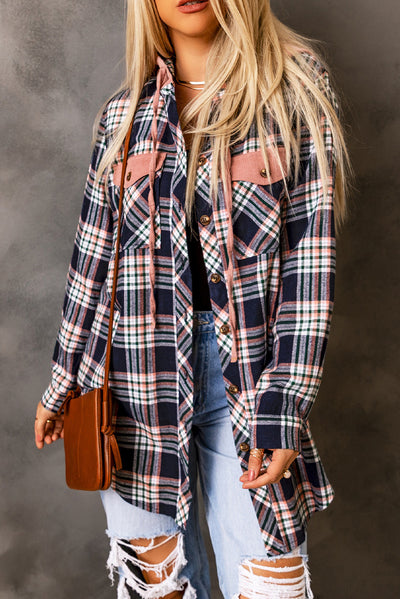 Cali Chic Pink Contrast Hooded Drawstring Plaid Shacket