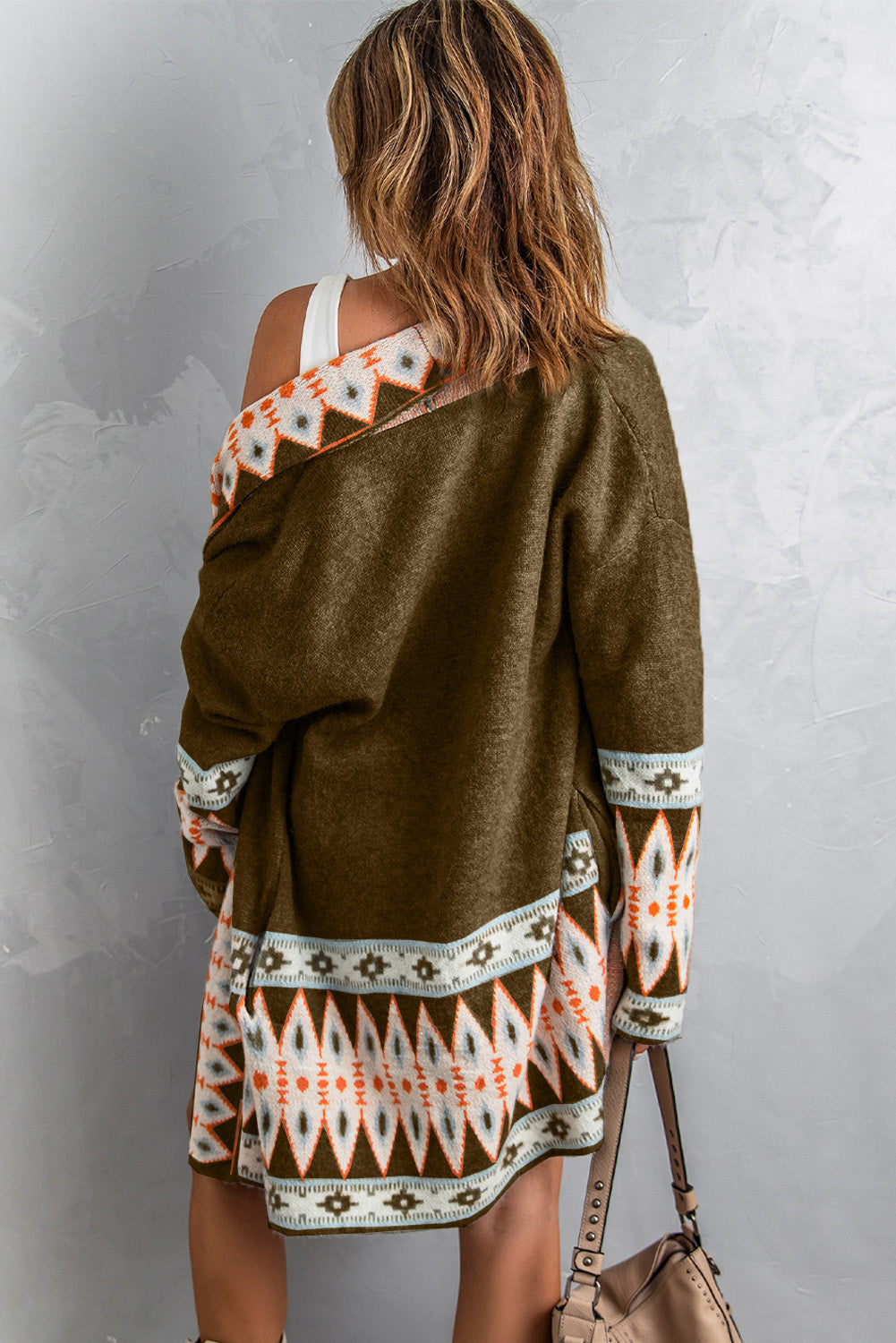 Brown Aztec Print Open Front Knitted Cardigan - Cali Chic