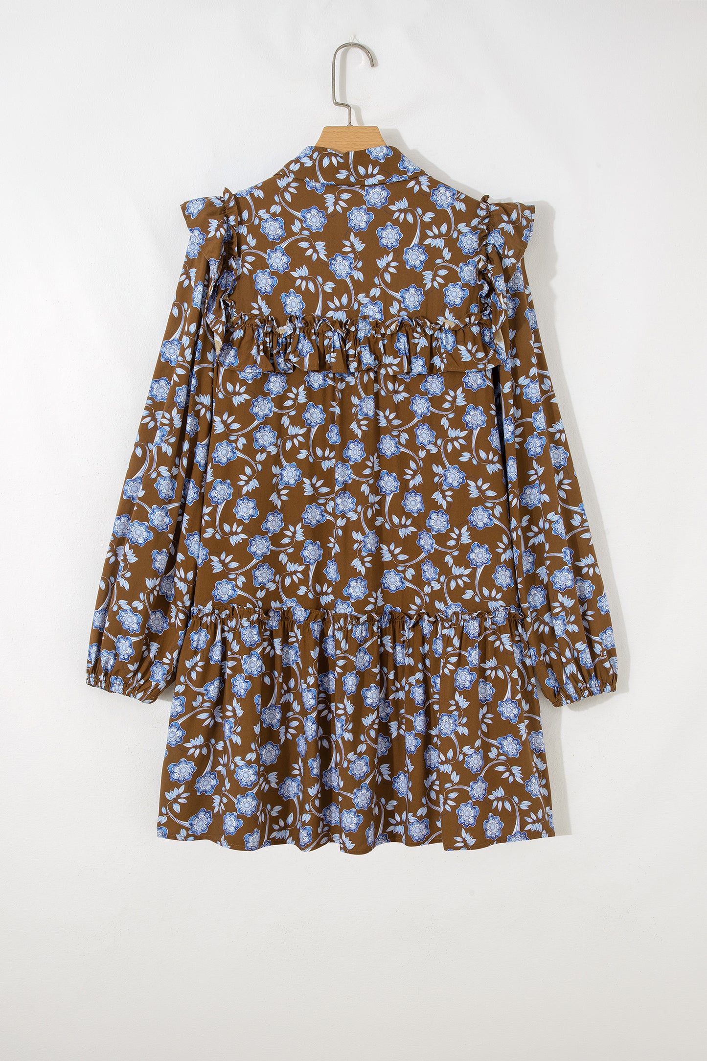 Cali Chic Women Dress Brown Floral Print Ruffled Detail Shirt Collar Button Down Long Sleeve Dress - Cali Chic