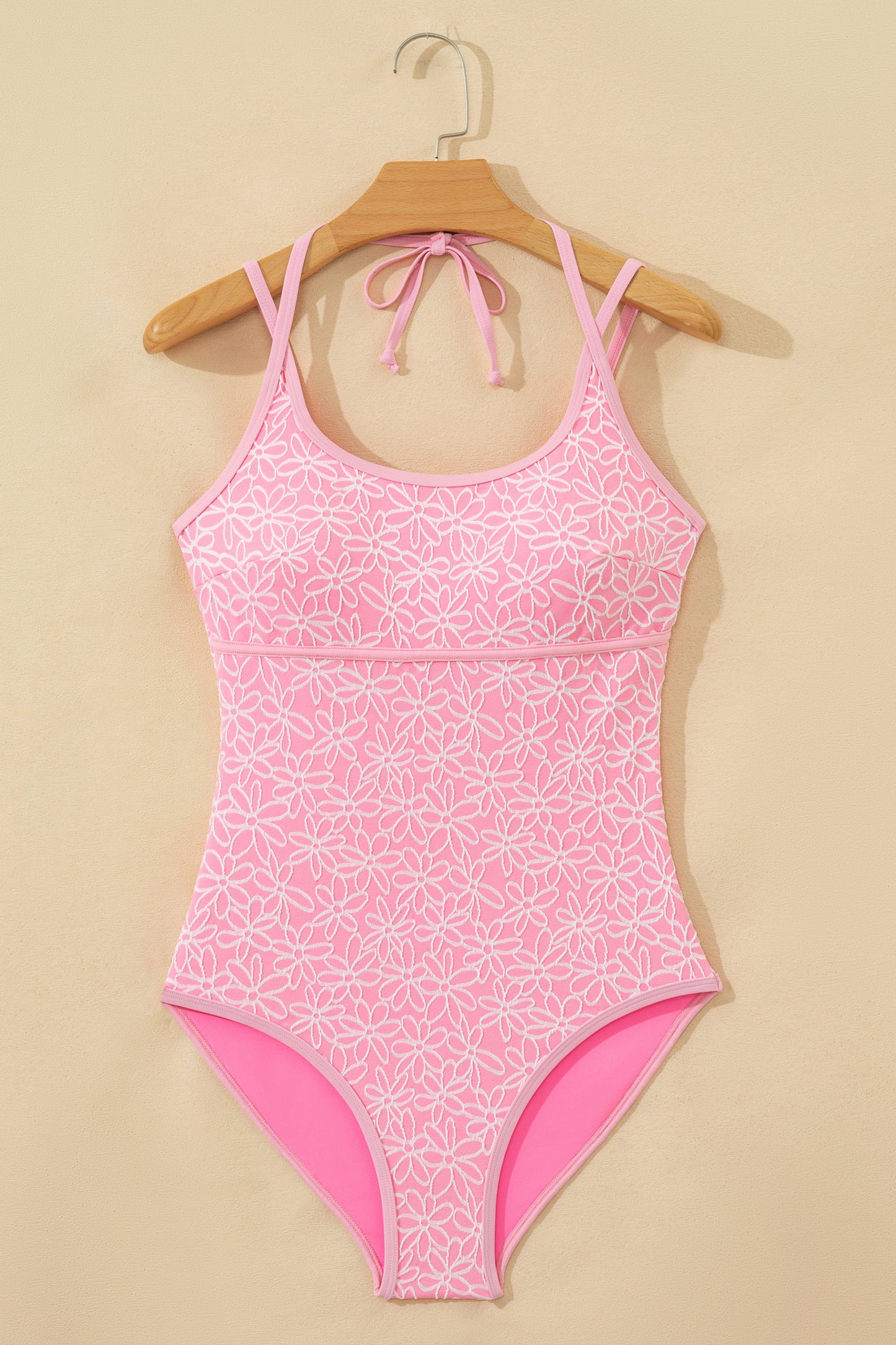 Cali Chic Women Swimsuit Pink Corded Flower Texture Spaghetti Straps Halterneck One Piece Swimsuit - Cali Chic