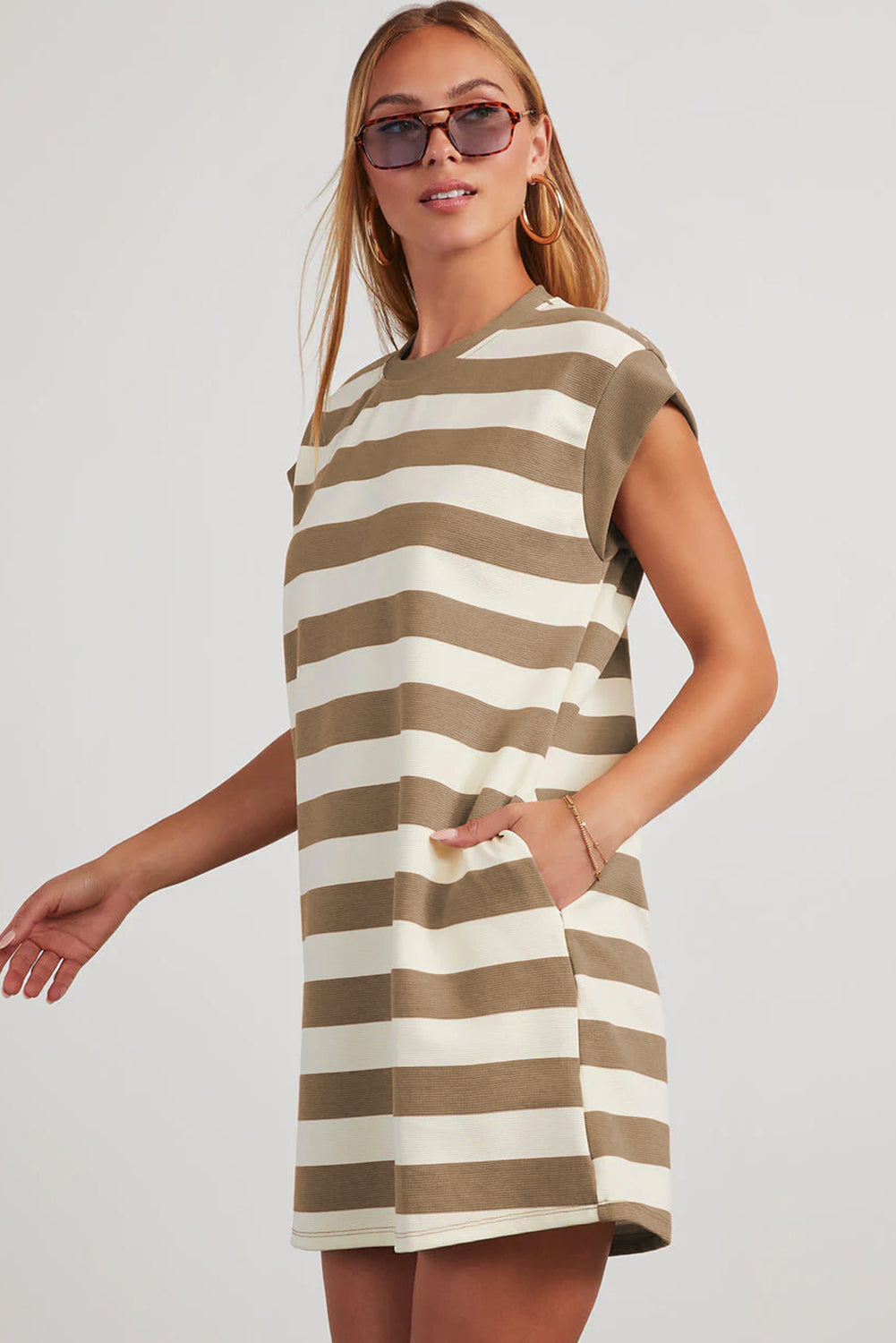 Cali Chic Women Swimsuit Khaki Stripe Cap Sleeve Shift T Shirt Dress - Cali Chic