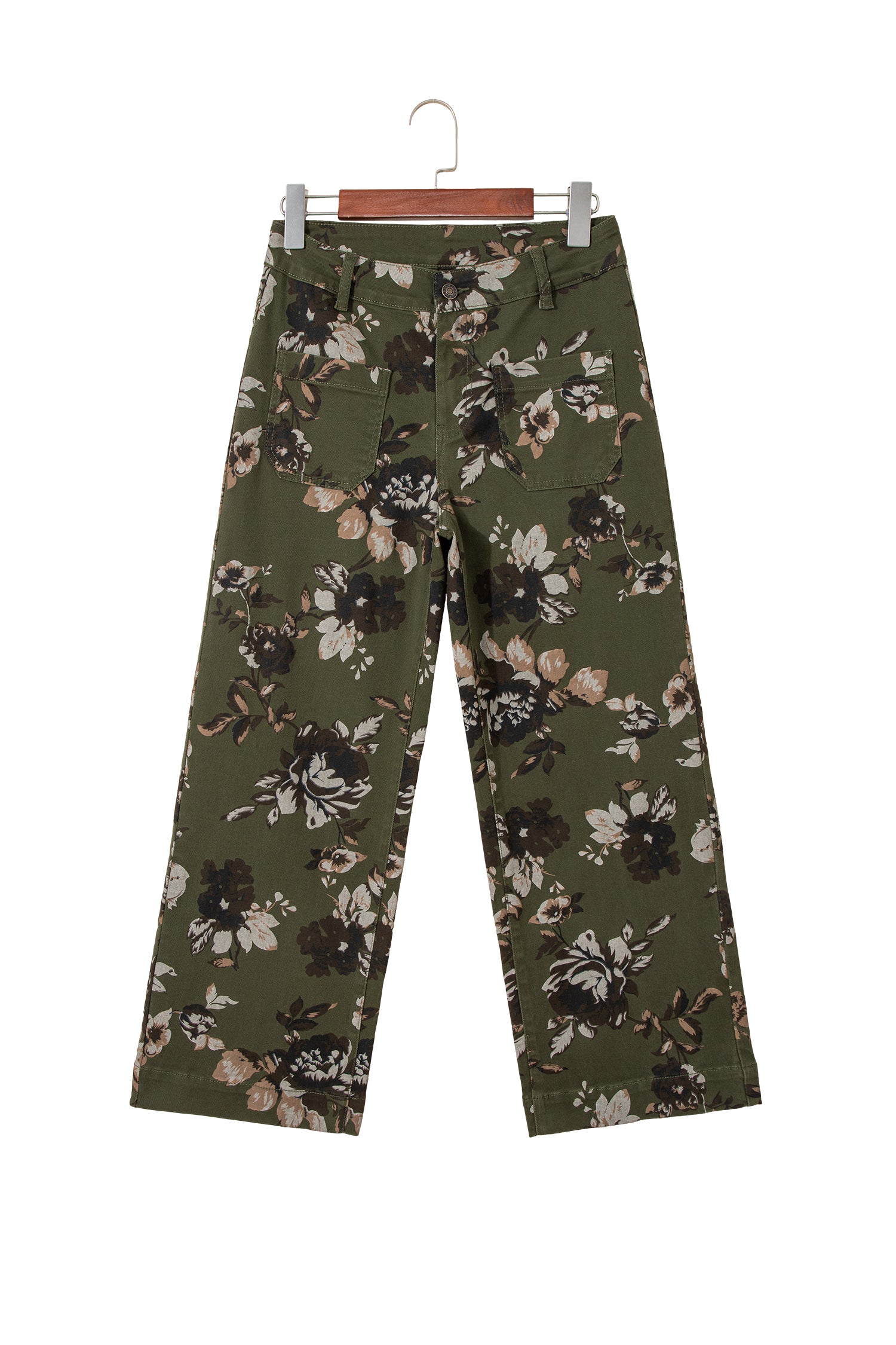 Cali Chic women's green vintage floral print jeans with patch pockets and raw hem, casual shift style bottoms.