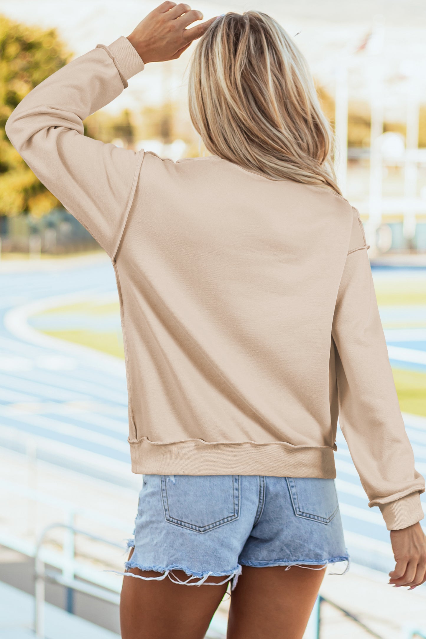 Cali Chic Women Sweatshirt Apricot Oversize Drop Shoulder Reversible Mock Neck Sweatshirt - Cali Chic