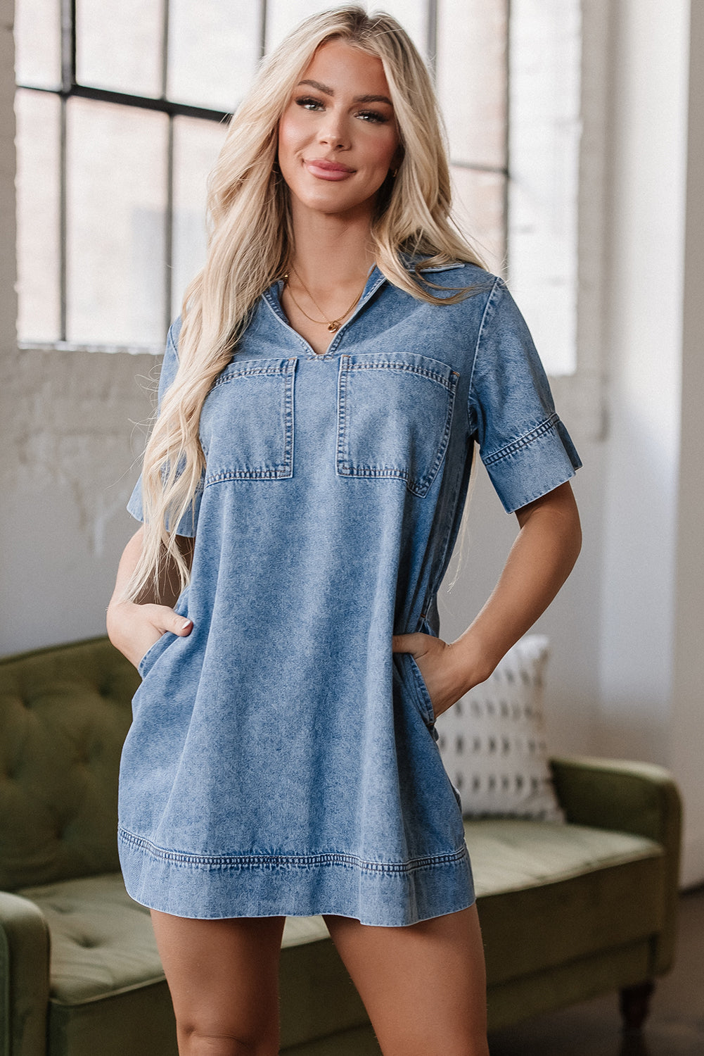 Cali Chic Women Dress Beau Blue Short Sleeve Collared Patched Pocket Denim Mini Dress - Cali Chic