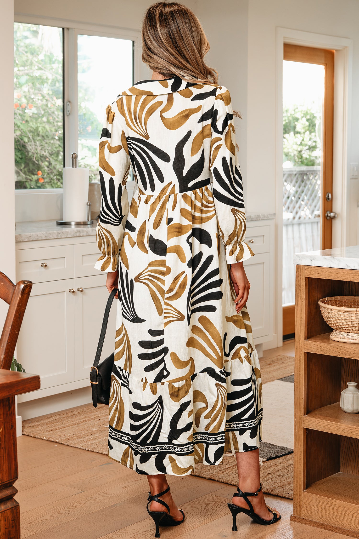 Cali Chic Women Dress Brown Tropical Printed Contrast Trim Neck Long Sleeve Ruffle Hem Dress - Cali Chic