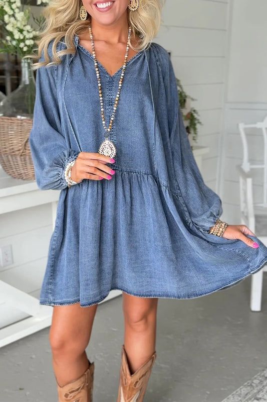 Cali Chic Women Dress Myosotis Puff Sleeve V Neck Ruffled Loose Denim Mini Dress - Cali Chic