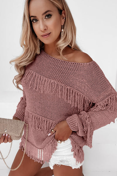 Pink Boho Tasseled Knitted Sweater