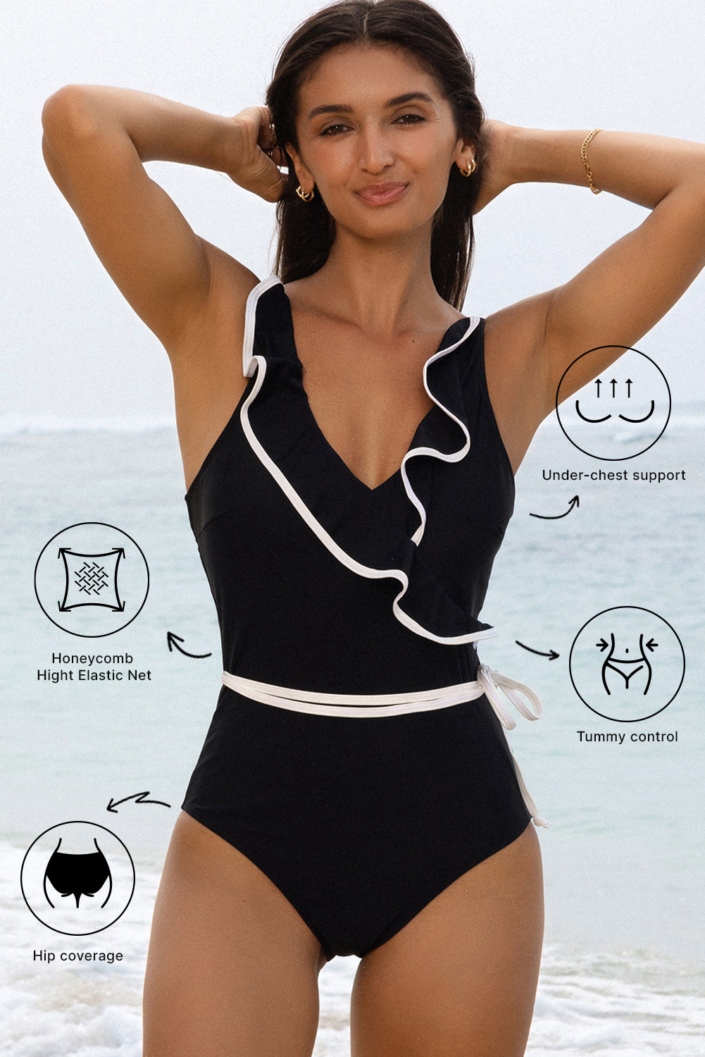 Cali Chic Women Swimsuit Black Color Contrast Ruffled Wrap V Neck Swimsuit - Cali Chic