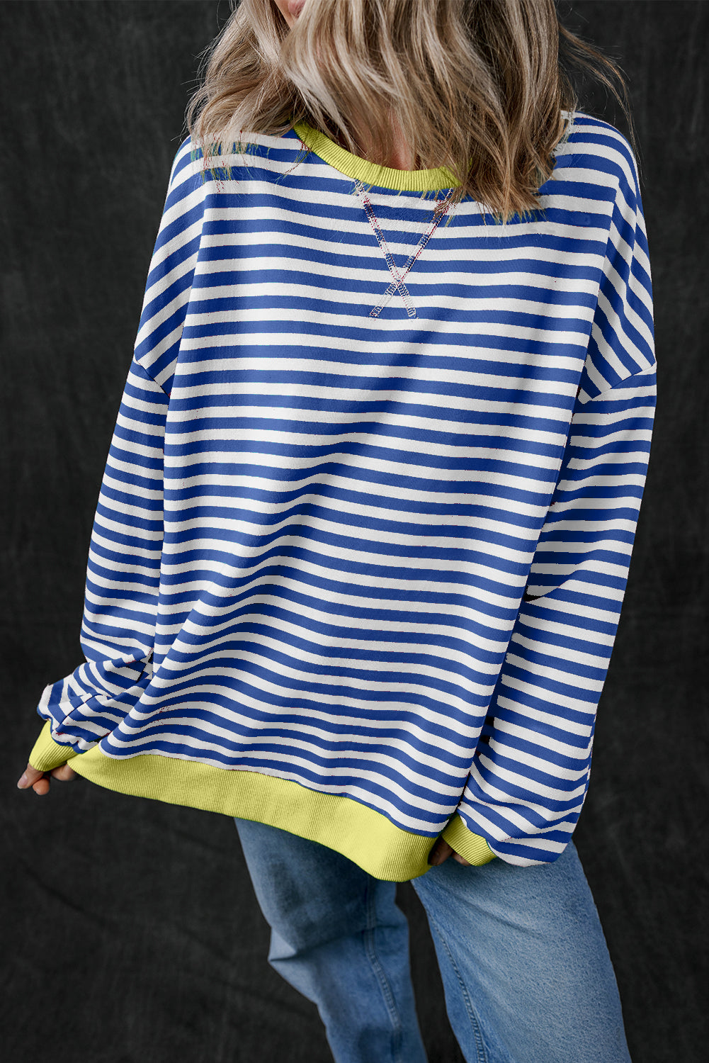 Cali Chic Women Sweatshirt Blue Stripe Oversized Contrast Trim Pullover Sweatshirt - Cali Chic