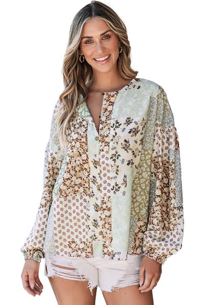 Multicolor Floral Patchwork Print Long Puff Sleeve Shirt