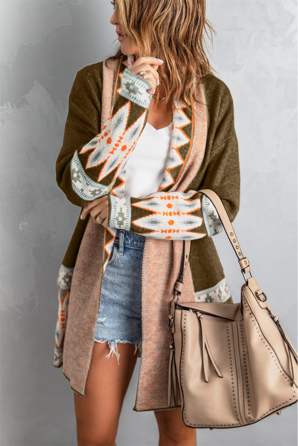 Brown Aztec Print Open Front Knitted Cardigan - Cali Chic