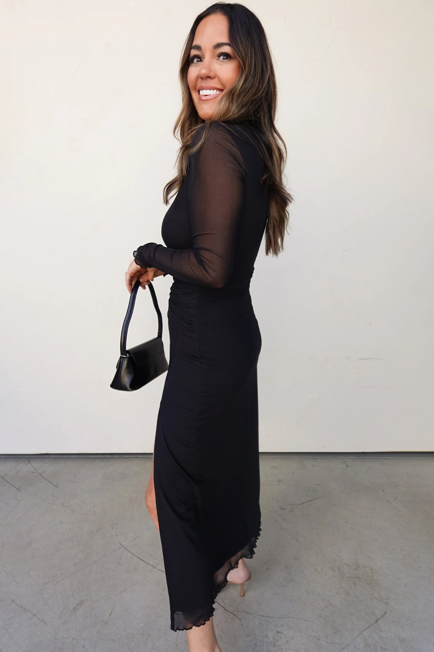 Cali Chic Women Dress Black Sheer Mesh Long Sleeve Twisted Knot Side Slit Midi Dress - Black / XL / 95%Polyester+5%Elastane Cali Chic Women Dress Black Sheer Mesh Long Sleeve Twisted Knot Side Slit Midi Dress - Black / XL / 95%Polyester+5%Elastane