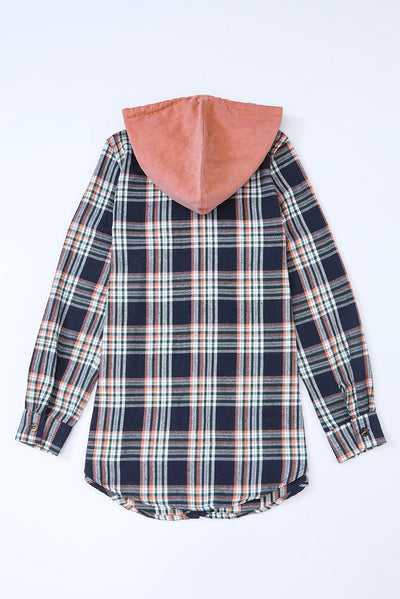 Cali Chic Pink Contrast Hooded Drawstring Plaid Shacket