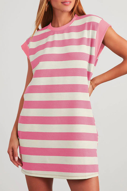 Cali Chic Women Dress Pink Stripe Cap Sleeve Shift T Shirt Dress - Cali Chic