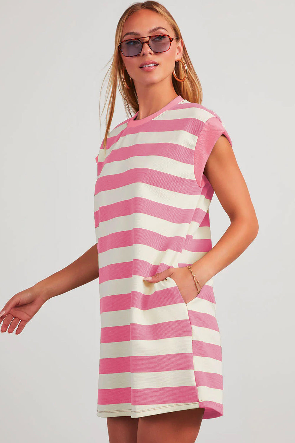 Cali Chic Women Dress Pink Stripe Cap Sleeve Shift T Shirt Dress - Cali Chic