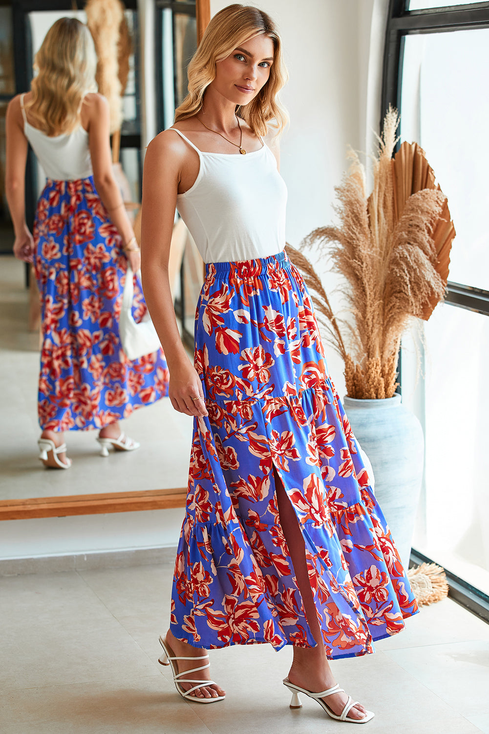Cali Chic Women Dress Blue Bohemian Floral Print Tiered Maxi Skirt with Split - Cali Chic