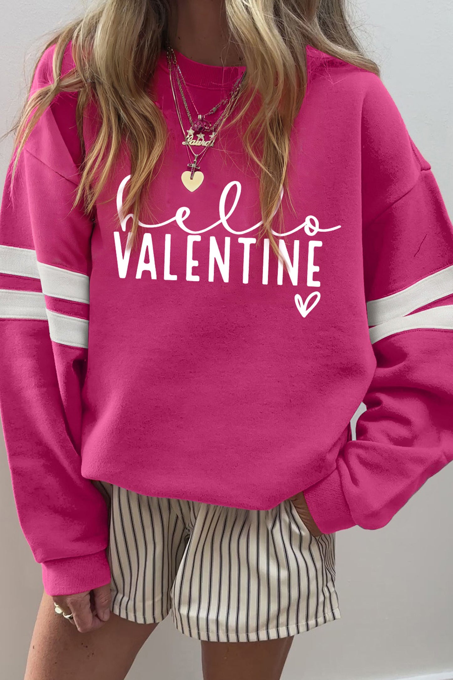 Rose Red Hello Valentine Varsity Striped Sleeve Baggy Sweatshirt - Cali Chic