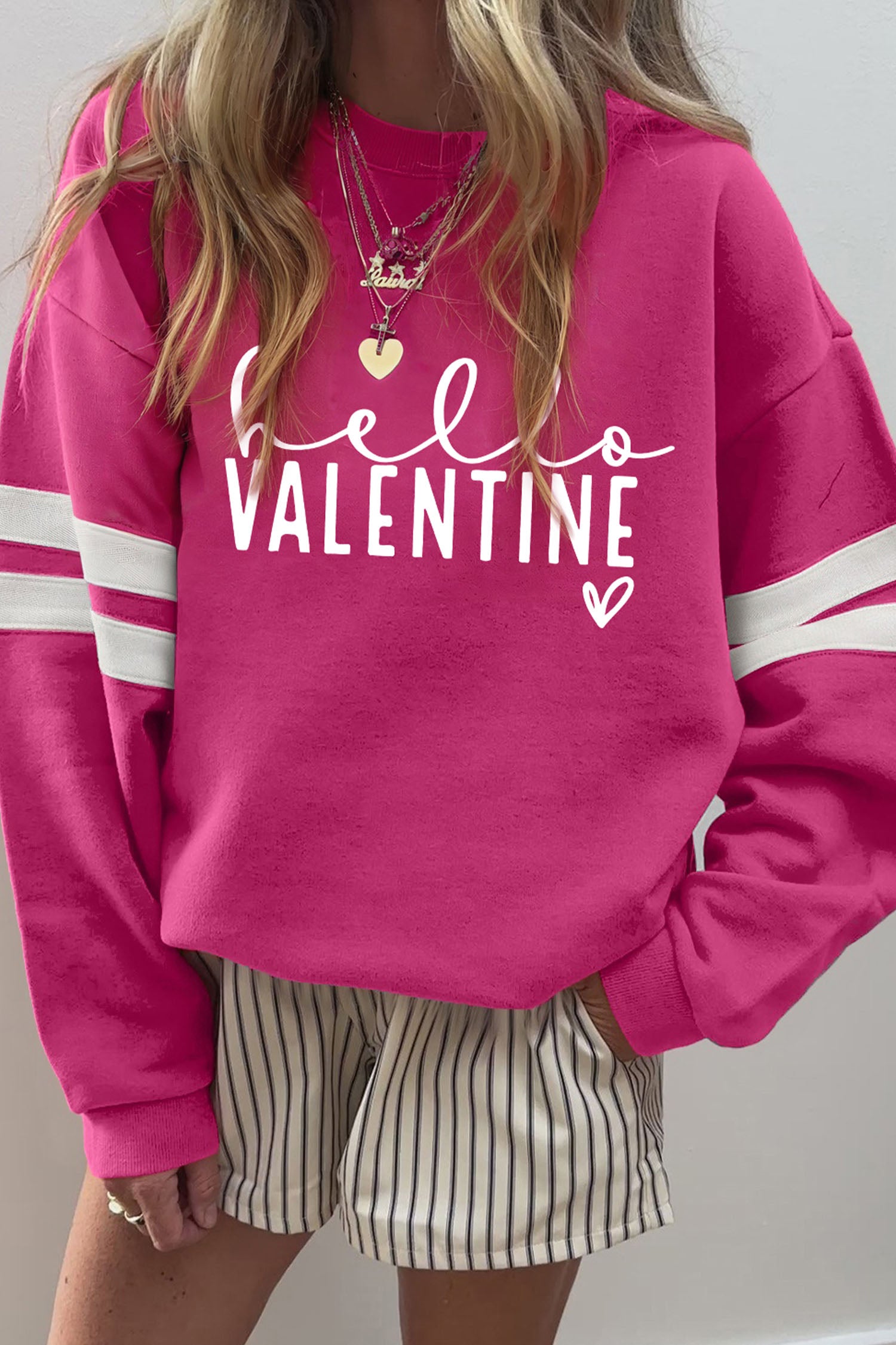 Rose Red Hello Valentine Varsity Striped Sleeve Baggy Sweatshirt - Cali Chic