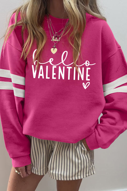 Rose Red Hello Valentine Varsity Striped Sleeve Baggy Sweatshirt - Cali Chic