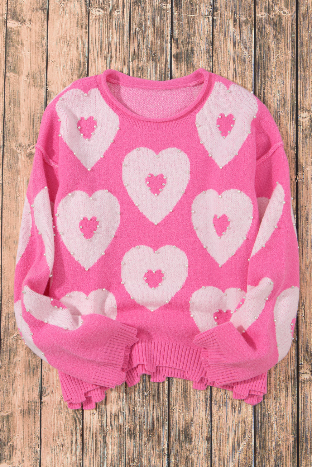 Bonbon Pearl Beaded Heart Drop Shoulder Sweater - Cali Chic