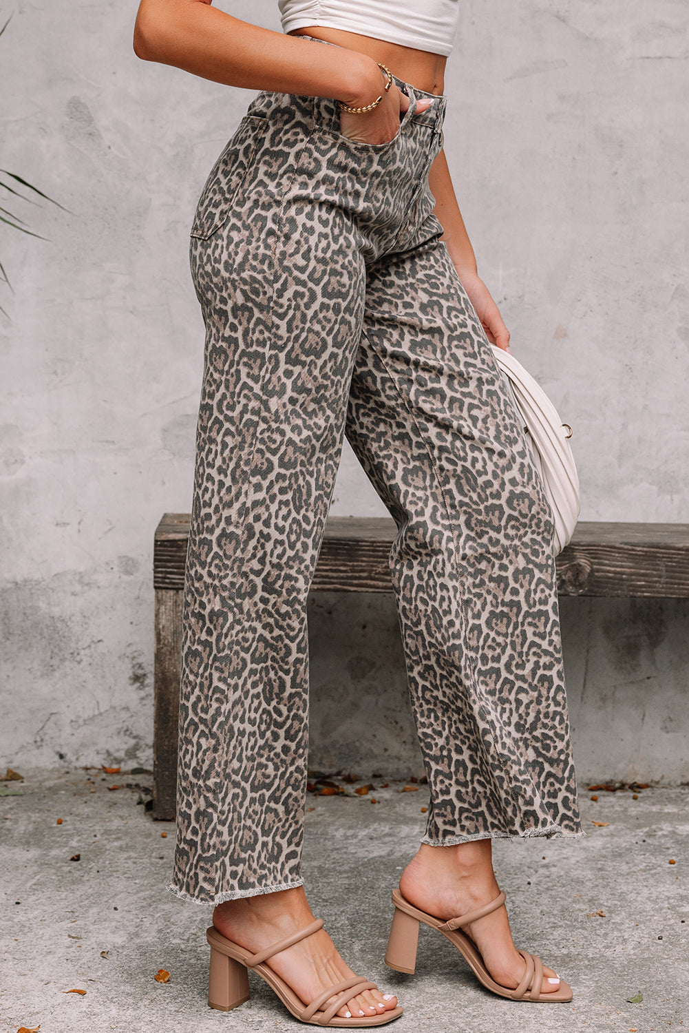 Cali Chic Women Pants Brown Leopard Frayed Edge Wide Leg High Waist Jeans - Cali Chic