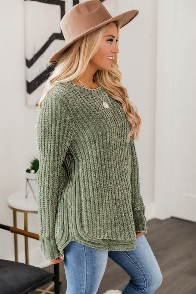 Cali Chic Green Long Sleeve Round Hem Cable Knit Sweater
